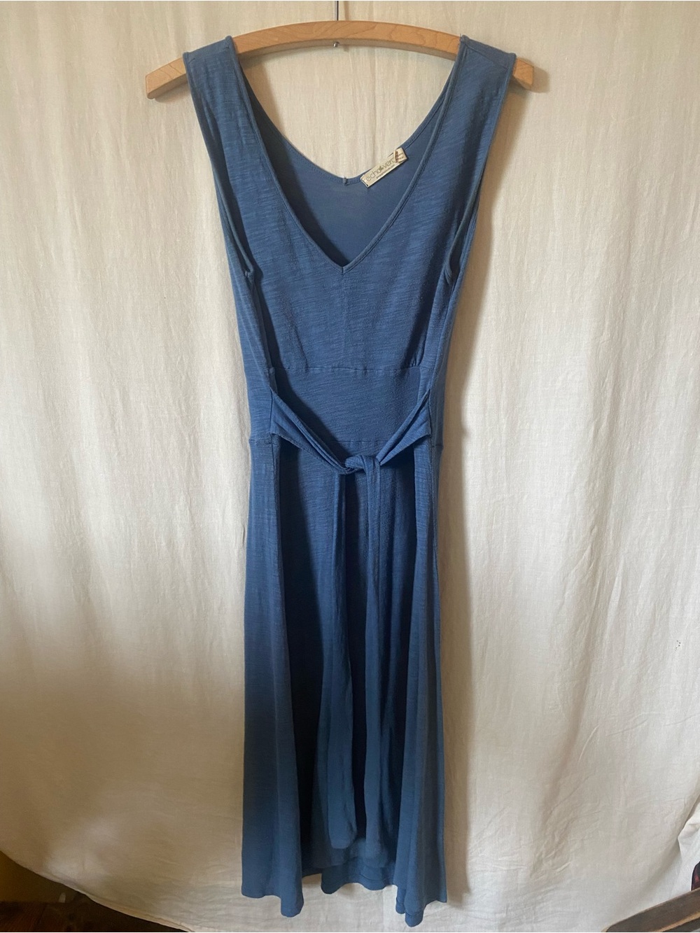 Echo Verde Organic Cotton/Bamboo Sleeveless V-Neck Maxi Dress - Blue w/Waist Tie